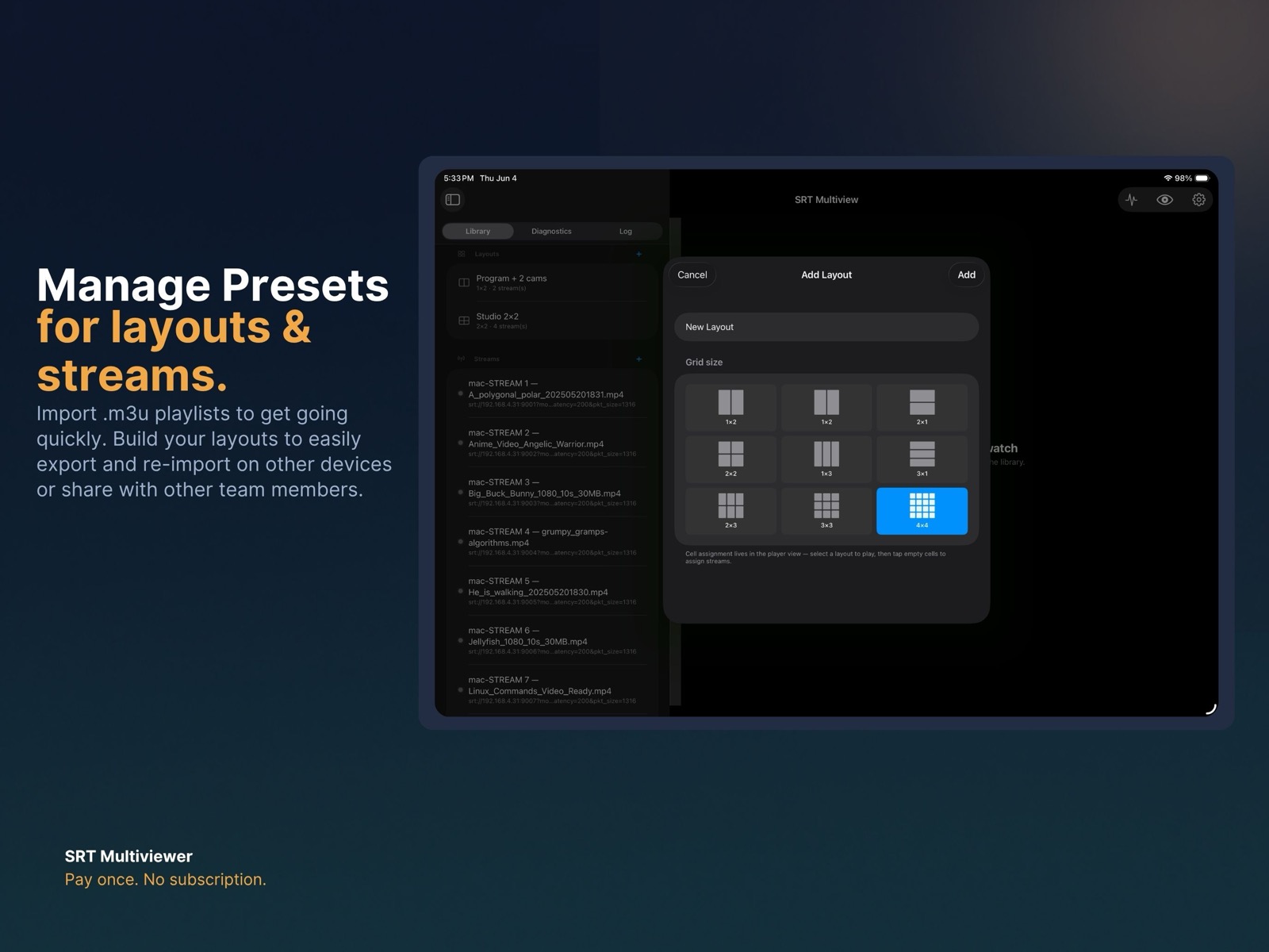 SRT Multiview — Presets for layouts and streams